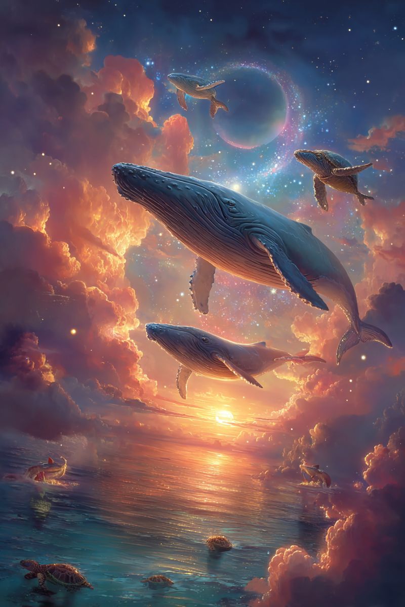Baleines ocean ciel nuages coucher soleil etoiles planete mer tortues fantaisie imagination reves espace nature faune marin celeste ethere Dans une scène surréaliste, plusieurs baleines sautent gracieusement hors de l'eau, leurs corps formant des arcs dans les airs. La plus grande baleine est positionnée au centre, avec sa queue et sa tête pointant vers le haut, tandis que des baleines plus petites sautent autour d'elle. Le ciel est un mélange de bleus profonds et d'oranges ardents, avec des nuages qui semblent avoir été peints avec une palette de couleurs chaudes et froides. Des étoiles et une grande planète sont visibles en arrière-plan, ajoutant à l'atmosphère fantastique. Sous les baleines, l'océan est calme, avec de douces vagues et quelques tortues de mer nageant paisiblement. L'horizon est marqué par un soleil couchant, répandant une lueur dorée sur toute la scène.