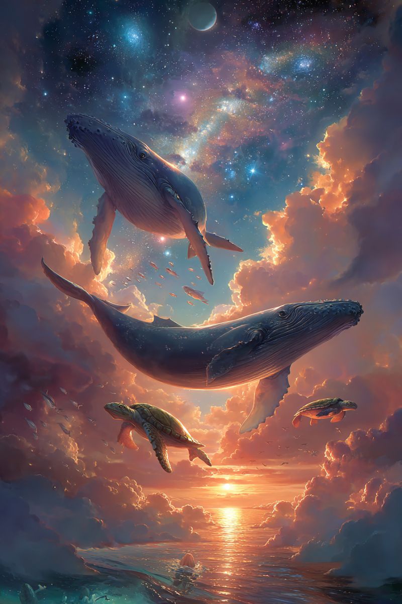Baleines tortues ciel nuages ocean coucher soleil etoiles lune fantaisie nature animaux mer eau onirique imagination marin vie Dans une scène surréaliste, trois baleines à bosse glissent gracieusement dans le ciel, leurs corps massifs projetant des ombres sur les nuages en contrebas. Les baleines sont représentées à différents stades de vol, avec une baleine au centre qui semble plonger vers l'océan. Le ciel est un mélange vibrant de teintes orange et roses, suggérant un coucher ou un lever de soleil. Sous les baleines, un océan serein s'étend, reflétant les couleurs du ciel. De petits poissons et d'autres créatures marines sont dispersés dans la scène, ajoutant au sentiment de mouvement et de vie. L'arrière-plan présente une galaxie avec des étoiles et une lune, créant une atmosphère onirique.