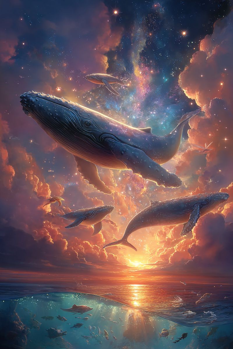 Baleines ciel nuages ocean coucher soleil etoiles onirique fantaisie nature vol eau poissons imagination espace horizon marin vie Dans le ciel, plusieurs baleines à bosse glissent gracieusement à travers les nuages, leurs corps massifs illuminés par le soleil couchant. Les baleines sont dans diverses positions, certaines avec leurs queues levées, d'autres avec leurs têtes baissées, créant une scène dynamique et sereine. Le ciel est un mélange de bleus profonds et d'oranges chauds, avec des étoiles et une galaxie faiblement visibles. Sous les baleines, l'océan est calme, avec quelques poissons nageant près de la surface. L'eau reflète les couleurs du ciel, créant une atmosphère harmonieuse et magique.