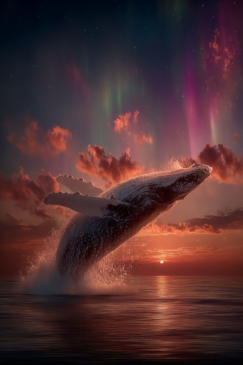 Baleine ocean ciel eau coucher soleil aurore nuages nature mer reflet vagues horizon splendeur majeste beaute faune Une baleine à bosse jaillit de l'océan, son corps arqué et ses nageoires largement déployées. Le corps sombre et lisse de la baleine contraste avec les couleurs vives du ciel, qui présente un coucher de soleil aux teintes d'orange, de rose et de violet. L'eau éclabousse autour de la baleine, créant une scène dynamique. En arrière-plan, le ciel est parsemé d'étoiles et illuminé par l'aurore boréale, avec des traînées de lumière verte et violette dansant dans le ciel. La ligne d'horizon est visible, séparant le ciel de l'océan.