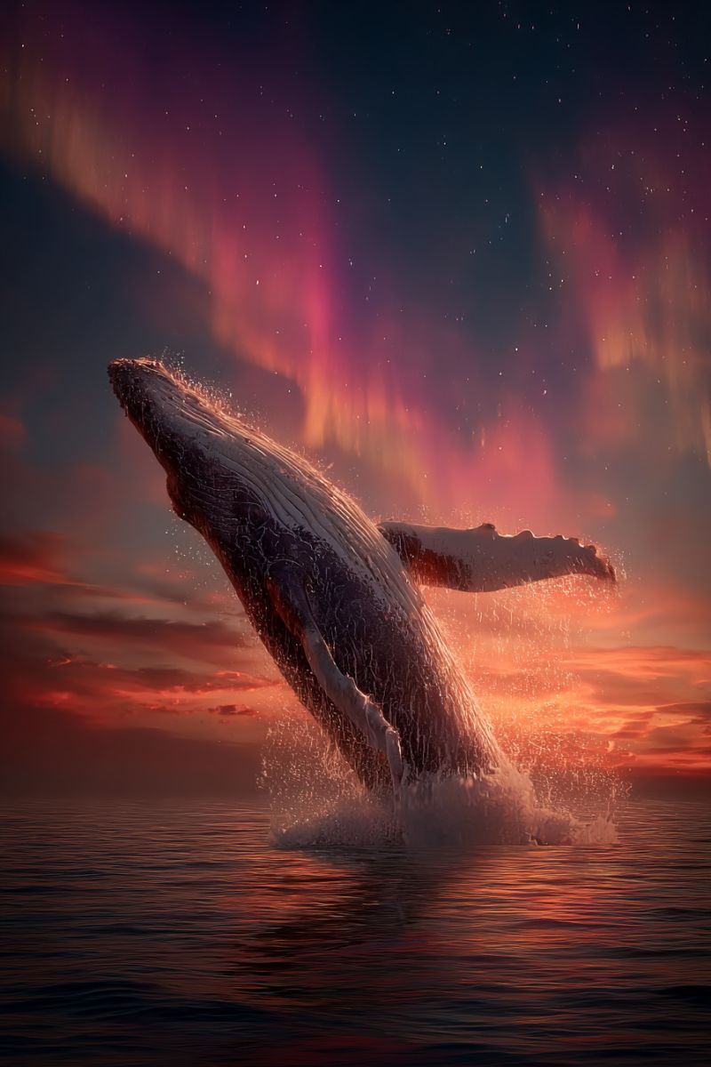 Baleine ocean eau ciel coucher soleil aurore nuit nuages vagues eclaboussures saut marin faune nature beaute Une baleine à bosse jaillit de l'eau, son corps massif illuminé par la douce lueur du soleil couchant. La queue et les nageoires pectorales de la baleine sont visibles, créant une silhouette dramatique contre le ciel vibrant. Le ciel est un mélange de bleus profonds et d'oranges chauds, avec des touches de rose et de violet, suggérant la présence de l'aurore boréale. L'eau en dessous est calme, reflétant les couleurs du ciel, et de petites gouttelettes d'eau sont visibles là où le corps de la baleine rencontre la surface.