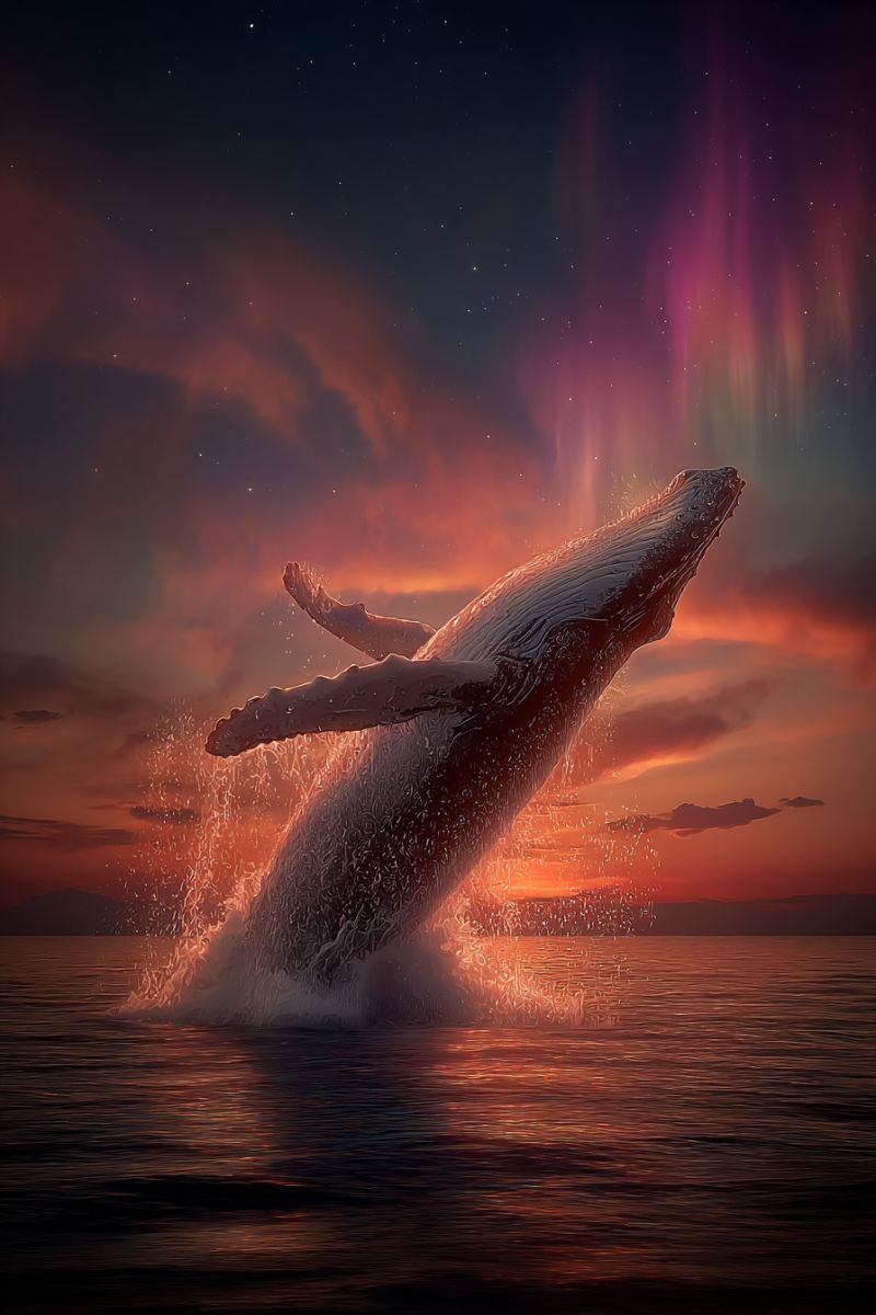 Whale ocean water sky night aurora clouds sunset splash spray waves horizon stars reflection nature wildlife A humpback whale leaps out of the water, its massive body illuminated by the warm glow of the setting sun. The whale's tail and flippers are raised, creating a dramatic silhouette against the vibrant sky. The ocean water splashes around the whale, sparkling in the sunlight. The sky is a mix of deep blues and warm oranges, with hints of pink and purple, suggesting the presence of the aurora borealis. The scene is set against a back of a serene, calm ocean, with the horizon line visible in the distance.