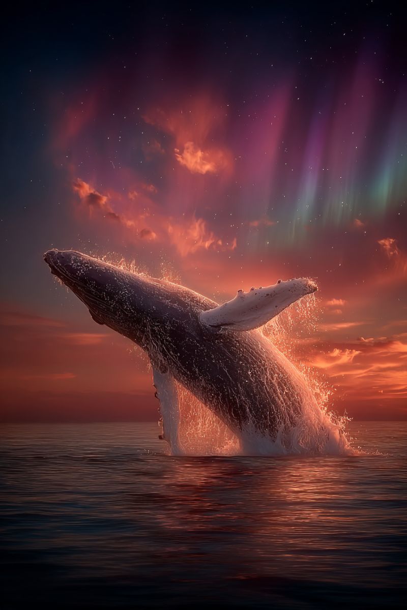 Whale ocean sky water sunset aurora clouds night stars reflection spray tail fin jump splash marine wildlife nature A humpback whale breaches the surface of the ocean, its massive body illuminated by the warm glow of the setting sun. The whale's tail fin and part of its body are visible above the water, with droplets of water splashing around it. The sky is a dramatic mix of orange, pink, and purple hues, with clouds scattered across it. In the distance, the Aurora Borealis, or Northern Lights, can be seen dancing across the sky, adding a magical touch to the scene. The water is calm, reflecting the colors of the sky and the lights.