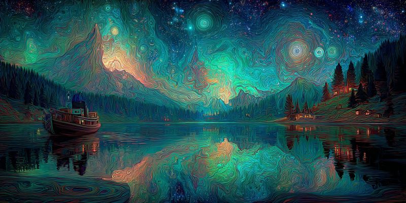 Night lake boat mountain sky reflection water trees house stars clouds aurora painting colorful nighttime serene lake under a vibrant, swirling night sky. The lake is calm, reflecting the sky and surrounding trees. A small boat with a dome-shaped roof is gently floating on the water. The sky is filled with swirling patterns of green, blue, and purple hues, creating a dreamlike atmosphere. Stars and celestial bodies are scattered throughout the sky, adding to the mystical feel. In the background, there are silhouettes of mountains and trees, with a few distant lights suggesting a small settlement or cabin. The overall scene is tranquil and otherworldly, with a sense of peaceful solitude.