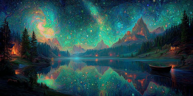 Night lake sky mountain water reflection boat house trees stars painting colorful nighttime forest aurora serene night scene with a large, calm lake reflecting a vibrant, swirling night sky filled with stars and a prominent spiral galaxy. The sky is a mix of deep blues, greens, and purples, with stars scattered throughout. The lake is bordered by dark green trees and mountains, with a few small, glowing houses visible on the shore. A small boat is gently floating on the lake, its reflection mirrored in the water. The scene is peaceful and otherworldly, with a sense of tranquility and wonder.