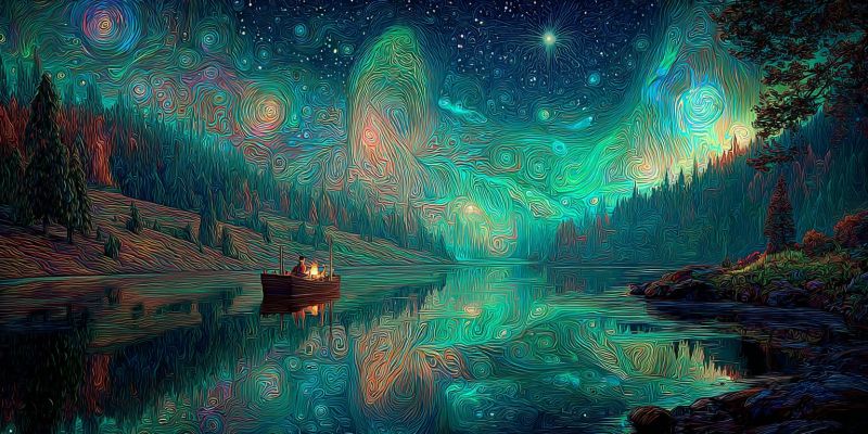 Boat lake night sky trees water reflection people painting aurora stars forest mountains colorful scenery nature outdoors serene night scene with a boat on a calm lake. The sky is filled with swirling, vibrant colors, creating a dreamlike atmosphere. The lake's surface is a mirror, reflecting the sky's colors and the silhouette of trees on the shore. In the distance, a small boat with two people is visible, adding a sense of tranquility. The trees are dark and dense, framing the scene. The overall mood is peaceful and magical, with a hint of the surreal.