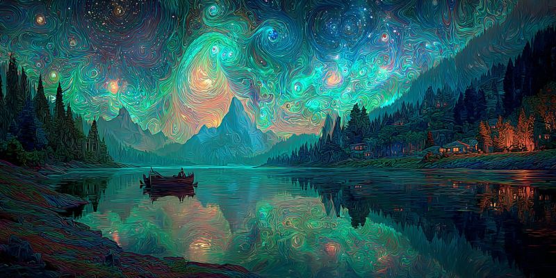 Lac bateau montagnes arbres reflet etoiles eau maison feu nuit nature aurore lueur ciel Scène sereine au bord d'un lac la nuit. Le ciel est une toile vibrante de couleurs tourbillonnantes, principalement vertes et violettes, avec des touches de rose et de bleu, créant un effet d'aurore fascinant. L'eau du lac est calme et réfléchissante, miroir des couleurs du ciel et des silhouettes des arbres et des montagnes sur la rive opposée. Un petit bateau avec deux personnes flotte doucement sur le lac, ajoutant une touche de tranquillité à la scène. Le rivage est bordé de grands arbres sombres, et au loin, quelques maisons sont visibles, leurs lumières projetant une lueur chaleureuse. L'atmosphère générale est paisible et magique, avec la beauté éthérée du ciel nocturne dominant la scène.