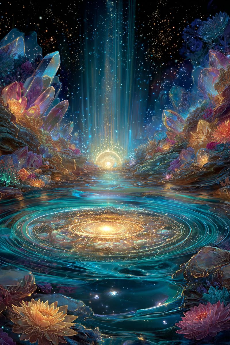 Fantasy water crystals flowers rocks stars night sky reflection glow painting colorful mystical magical A vibrant, mystical scene features a glowing, golden spiral at the center of a deep blue river, surrounded by swirling water. The river is bordered by rocks adorned with colorful crystals and flowers. Above, a radiant light shines through a cascade of blue and white beams, illuminating the scene. The background is a dark, starry sky with scattered stars and a faint, ethereal glow.