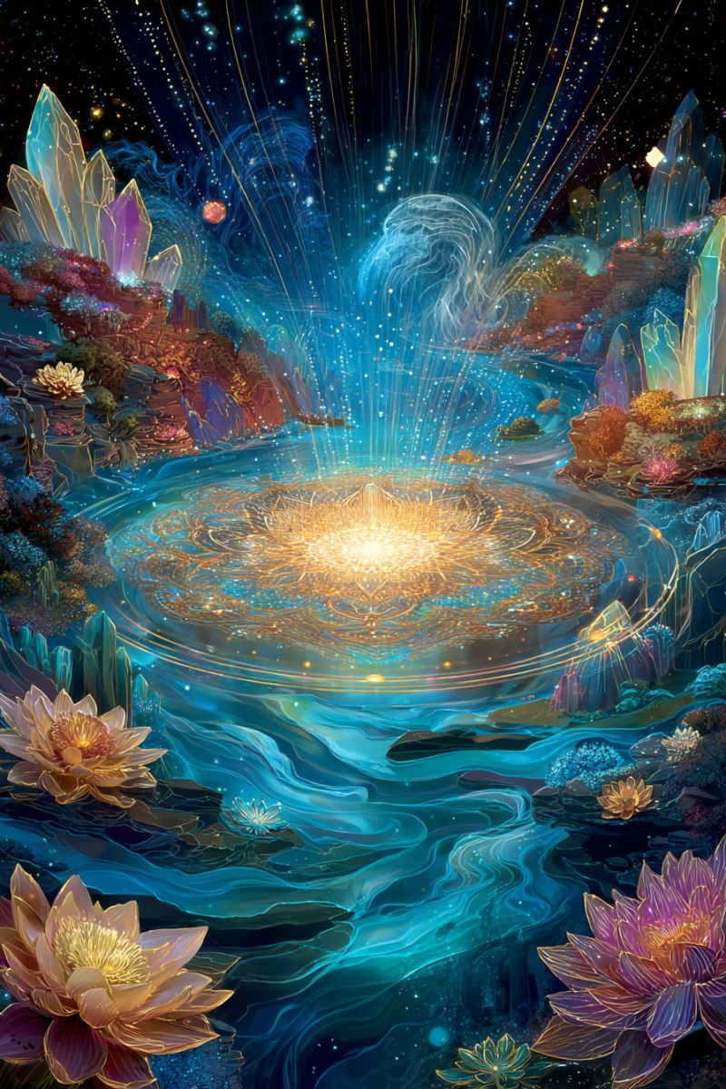 Eau fleur cristal ciel nuit etoile reflet lac fantaisie reve nature meditation zen paix harmonie Scène mystique sous-marine avec des couleurs vibrantes et des détails complexes. Au centre, une lumière dorée radieuse émane d'un motif circulaire, entourée d'eaux bleues et vertes tourbillonnantes. La lumière se reflète sur l'eau, créant un effet scintillant. À gauche, de grandes fleurs de lotus dorées flottent gracieusement. À droite, de plus petites fleurs de lotus multicolores ajoutent à la beauté de la scène. L'arrière-plan présente un ciel sombre et étoilé avec des cristaux lumineux et une faible silhouette d'un corps céleste. L'atmosphère générale est sereine et irréelle, avec un sentiment de magie et d'émerveillement.