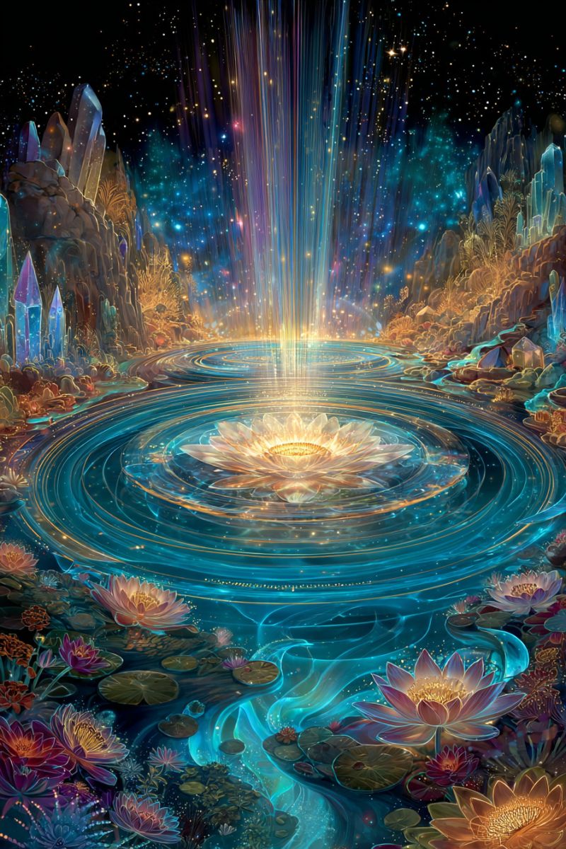 Water flower lotus pond night sky stars crystals rocks mountains fantasy painting colorful dreamlike magical ethereal In the center of the image, a radiant lotus flower blooms, surrounded by concentric ripples in the water. The water is a deep blue, shimmering with light. The lotus flowers are in various stages of bloom, some fully open and others partially closed, with petals in shades of pink, purple, and yellow. The background features a dark, starry sky with a few glowing stars and a faint, ethereal light. On the left, there are jagged rock formations with crystals embedded in them, and on the right, there are more rocks and a hint of a cave. The overall scene is magical and serene, with a sense of otherworldly beauty.