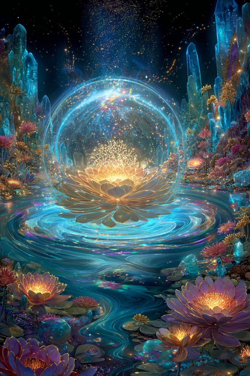 Fantasy flower water nature dream magic colorful crystal night sky star glow reflection pond lake lily In the center of the image, there is a large, glowing lotus flower floating on a serene body of water. The lotus is surrounded by smaller, similarly glowing lotus flowers, creating a radiant and mystical atmosphere. The water is a deep blue, reflecting the light from the flowers and the surrounding environment. The background features a dark, starry sky with sparkling stars and a hint of a galaxy. Crystal formations and other mystical elements are scattered around the water, adding to the magical ambiance. The overall scene is vibrant and enchanting, with a sense of tranquility and wonder.
