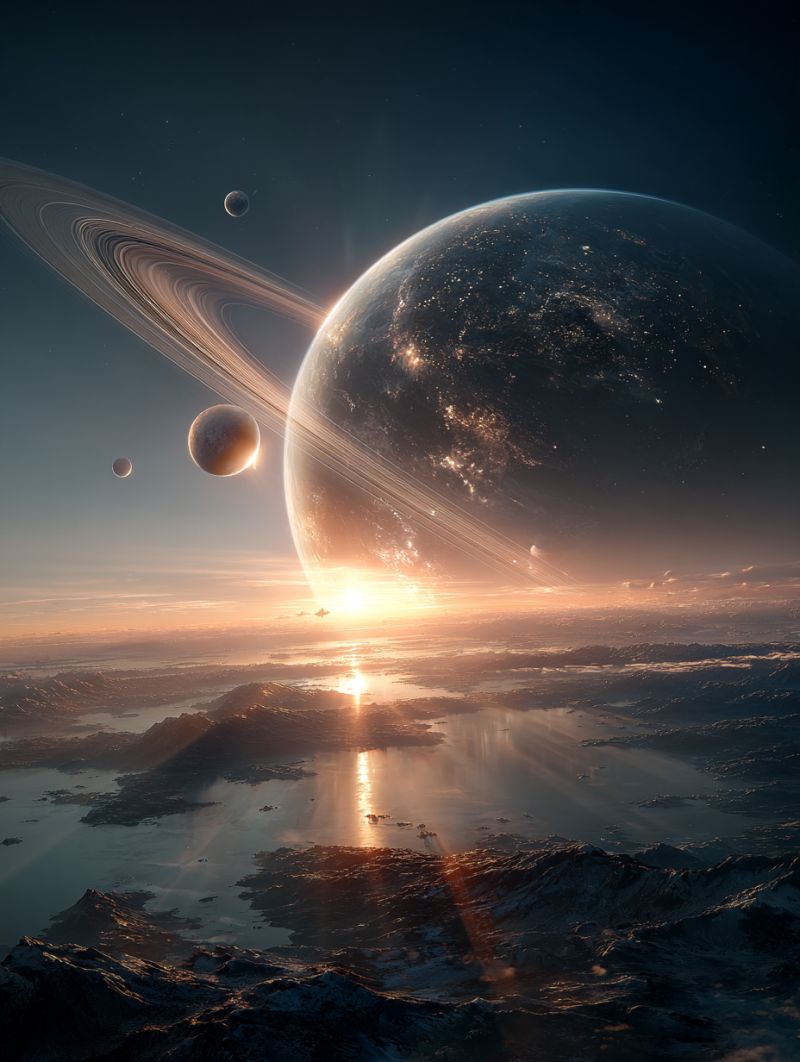 Planet space astronomy cosmos universe celestial star moon galaxy solar system outer a large planet with prominent rings orbits a bright sun. The planet is surrounded by smaller moons, one of which is closer to the planet and appears larger. The scene is set against a back of deep space, with the sun casting a warm glow over the celestial bodies. The planet's surface is visible, showing a mix of dark and light areas, possibly indicating different terrains or atmospheric conditions. The moons and the planet are bathed in a soft, golden light, creating a serene and majestic atmosphere. The sky is a deep blue, transitioning to a lighter hue near the horizon, suggesting the presence of an atmosphere or a similar effect.