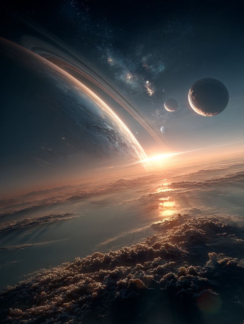 Space planet universe astronomy cosmos star galaxy nebula celestial solar system outer breathtaking view of a planet with a large ring system, similar to Saturn, floating in the vastness of space. The planet is surrounded by several moons, with one large moon prominently visible. The sky is a deep, dark blue, dotted with countless stars. The sun is setting on the horizon, casting a warm, golden light across the planet's surface and its rings. The atmosphere of the planet is thick with clouds, creating a dramatic and awe-inspiring scene. The image captures the beauty and majesty of the universe, with the planet and its moons appearing both distant and intimate.