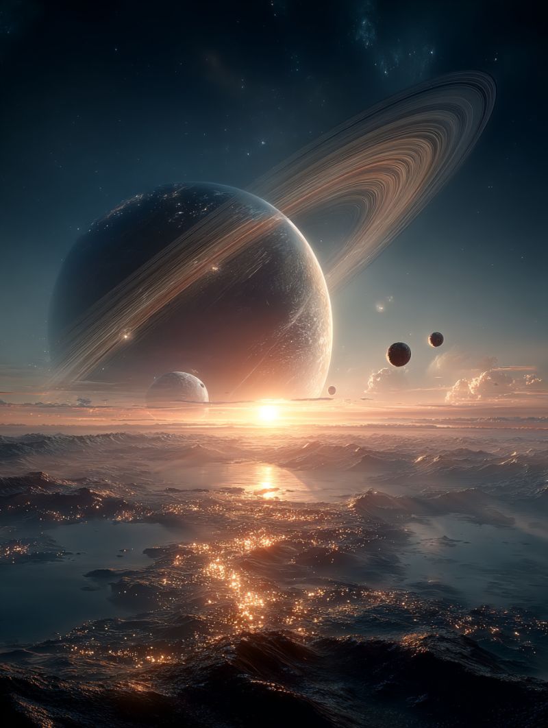 Space planet astronomy cosmos universe celestial star galaxy nebula astrophysics cosmic astrobiology astrophotography solar system outer exploration vast, serene space scene with a large planet at the center, surrounded by its rings. The planet is a deep blue, with swirling clouds and a hint of a sunset on its horizon. To the right of the planet, several smaller moons orbit, each with its own unique features. The background is a deep, dark blue, dotted with stars and a faint nebula. Below the planet, a body of water reflects the light from the setting sun, creating a shimmering effect. The water is calm, with gentle waves and a few small islands. The overall scene is peaceful and majestic, capturing the beauty of the cosmos.