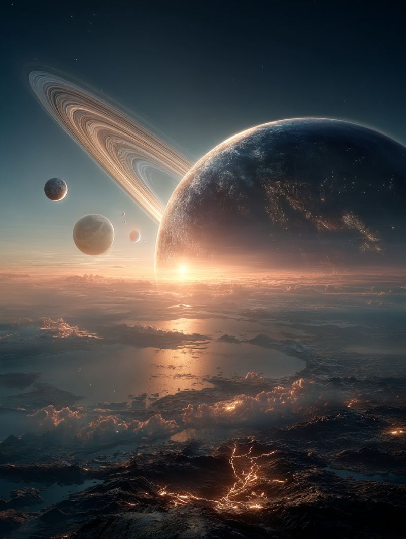 Planet space universe astronomy cosmos celestial star moon galaxy solar system outer stunning view of a planet with a large ring system, similar to Saturn, in the upper left corner. The planet is large and has a deep blue hue, with a few smaller moons orbiting around it. The sun is setting on the horizon, casting a warm glow over the landscape. The sky is a deep blue, with a few scattered clouds. The foreground shows a vast ocean with gentle waves, reflecting the colors of the sunset. The mountains and valleys in the foreground are illuminated by the warm light of the setting sun, creating a serene and peaceful atmosphere.