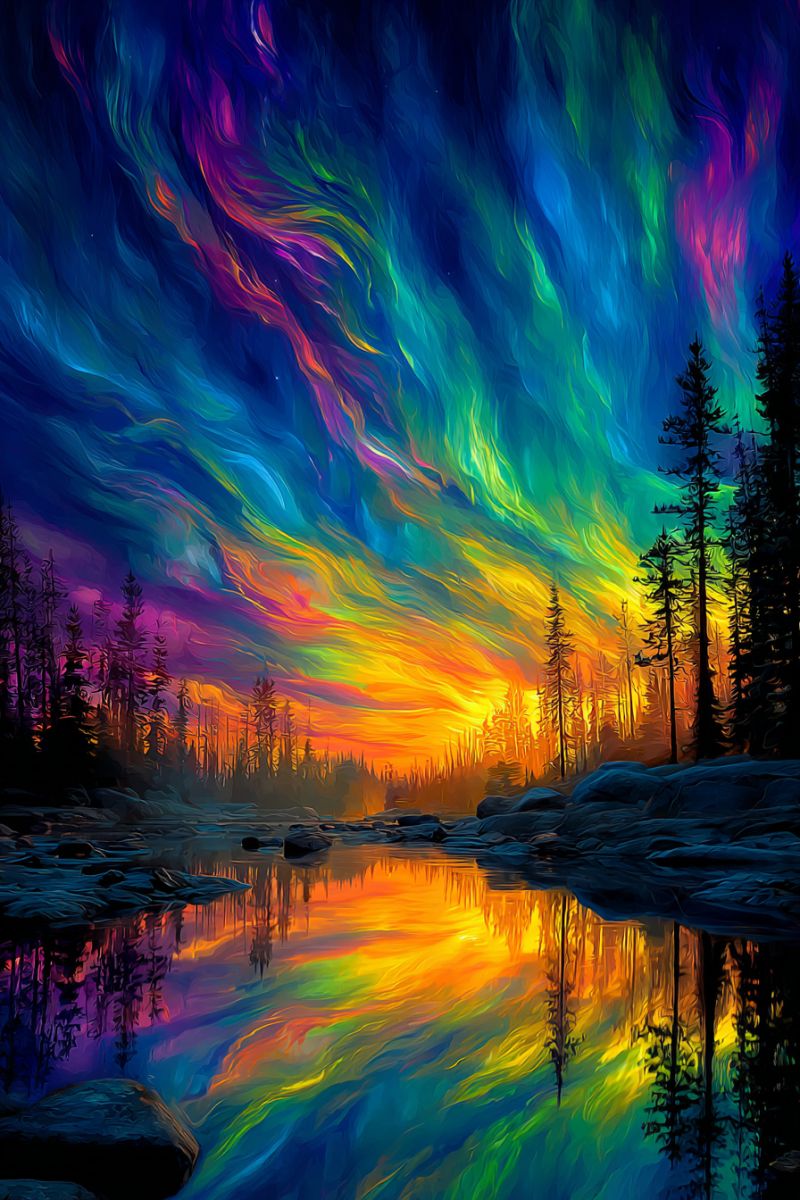 Ciel nuit eau reflet foret arbres rochers lac coucher soleil nuages aurore nature boreale Une peinture vibrante dépeint un paysage serein au coucher du soleil. Le ciel est baigné de couleurs tourbillonnantes de bleu, violet, vert et jaune, ressemblant à l'aurore boréale. En dessous, une rivière calme reflète les couleurs du ciel, créant un effet de miroir. À gauche, un groupe de pins se dresse, leurs reflets miroitant dans l'eau. L'horizon est bordé d'autres arbres, et le sol est parsemé de rochers et de pierres. La scène se déroule dans un environnement naturel tranquille, capturant la beauté des couleurs et des reflets de la nature.