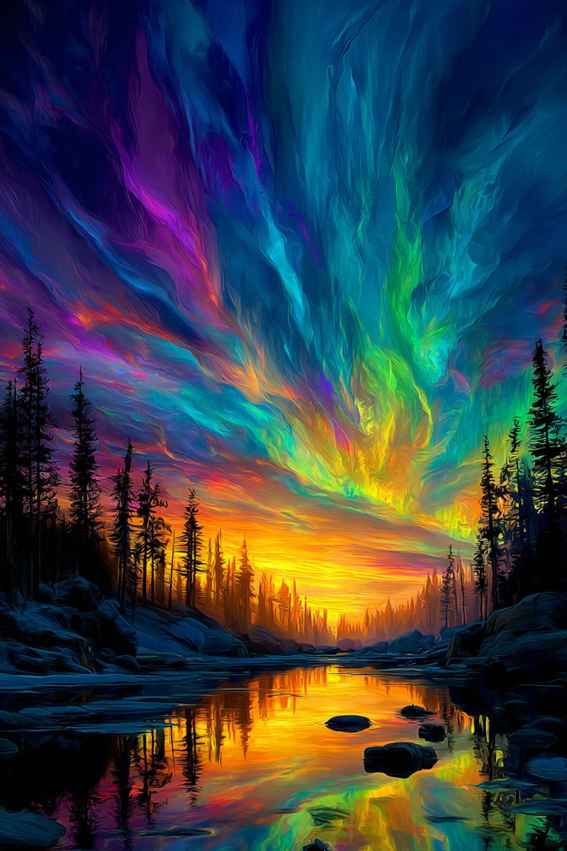 Ciel eau reflet lac arbres foret coucher soleil rochers roche nature nuages aurore boreale nordique Une peinture vibrante dépeint un paysage serein au coucher du soleil. Le ciel est une toile de couleurs tourbillonnantes, passant des bleus et violets profonds en haut aux jaunes et oranges chauds près de l'horizon. L'aurore boréale, ou aurores polaires, ajoute une touche magique avec ses teintes vertes et roses. Le premier plan présente une rivière calme reflétant les couleurs du ciel, avec des rochers et des arbres bordant le rivage. Les arbres sont des conifères, se dressant hauts et sombres contre le fond coloré. La scène globale est paisible et enchanteresse, capturant la beauté de la nature au crépuscule.