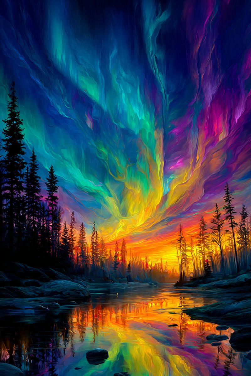 Ciel nuit nuages foret arbres lac eau reflet coucher soleil aurore nature nordique Paysage serein et vibrant au coucher du soleil. Le ciel est un mélange époustouflant de couleurs, passant des bleus et violets profonds en haut aux jaunes, oranges et rouges chauds près de l'horizon. L'aurore boréale, ou aurores polaires, ajoute une touche magique avec ses rideaux multicolores flottant dans le ciel. En dessous, une rivière tranquille reflète les couleurs du ciel, créant un effet de miroir. Le premier plan présente une forêt dense d'arbres persistants, leurs silhouettes sombres sur le fond coloré. La scène se déroule dans un environnement naturel paisible, la rivière et les arbres ajoutant de la profondeur et de la tranquillité à l'image.