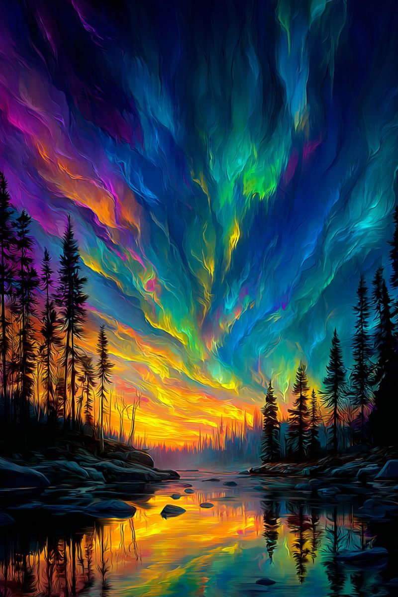 Painting sky night lake trees water reflection forest rocks sunset clouds aurora colorful nature evening horizon serene landscape with a lake at the foreground, reflecting vibrant colors from the sky. The sky is a dramatic blend of purples, blues, and greens, transitioning into warm yellows and oranges near the horizon, suggesting either a sunset or sunrise. The sky is filled with swirling, cloud-like patterns that resemble auroras, adding a mystical quality to the scene. On the left side of the image, there are tall, dark evergreen trees standing against the colorful sky. The trees are reflected in the calm water of the lake, which mirrors the sky's colors. The ground is rocky, with some stones visible along the shore. The overall atmosphere is tranquil and otherworldly, with a sense of natural beauty and wonder.