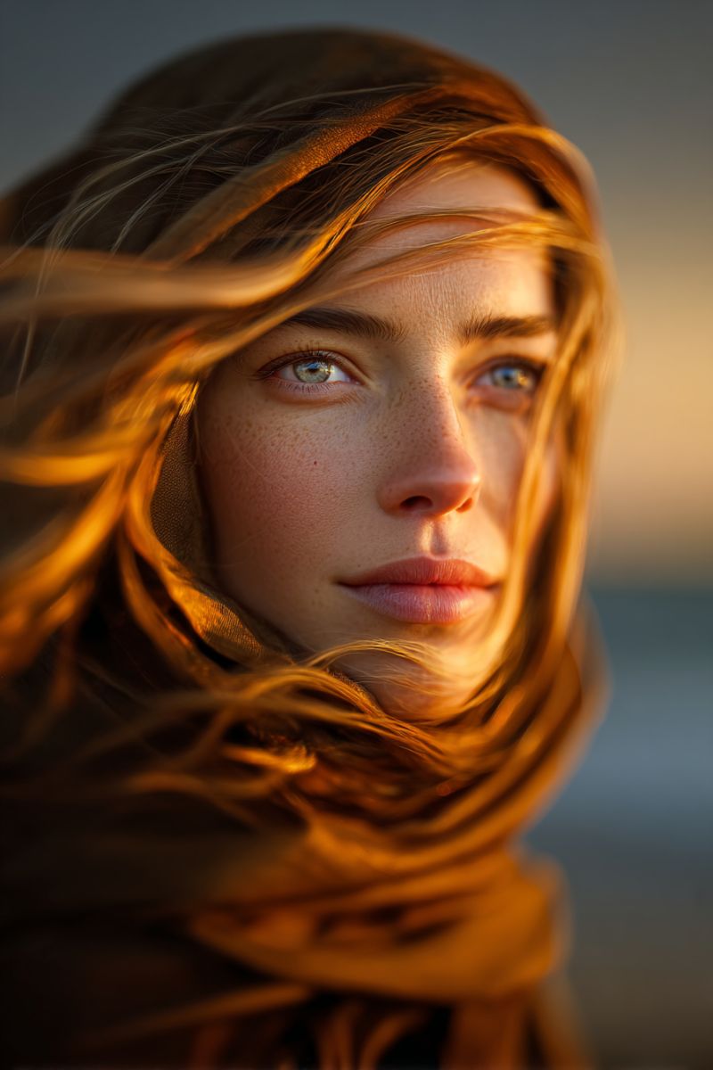 Woman scarf head hairstyle texture length A close-up portrait of a woman with long, wavy, golden-brown hair partially covering her face. She wears a brown scarf that drapes over her shoulders and blends into her hair. Her eyes are a striking blue with noticeable freckles scattered across her cheeks and nose. Her skin has a warm, sunlit glow, and her lips are slightly parted, revealing a hint of teeth. The background is softly blurred, suggesting an outdoor setting with a clear sky.