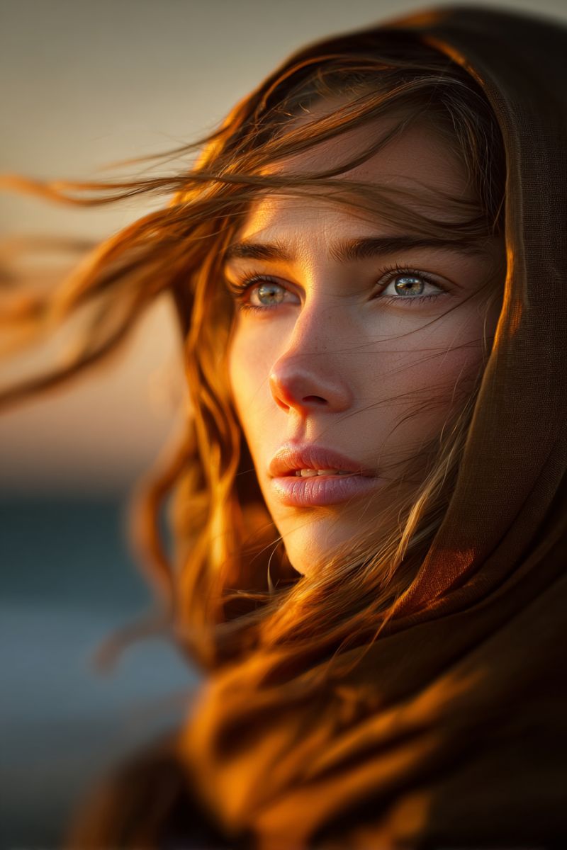 Femme tete coiffure texture longueur Un portrait rapproché d'une femme aux cheveux longs, ondulés et brun doré qui flottent dans le vent. Elle a une expression sérieuse et porte un vêtement brun à capuche qui couvre sa tête et ses épaules. Ses yeux sont bleus et en forme d'amande, et ses lèvres sont légèrement entrouvertes. L'arrière-plan est flou, et il semble qu'il s'agisse d'un coucher ou d'un lever de soleil.