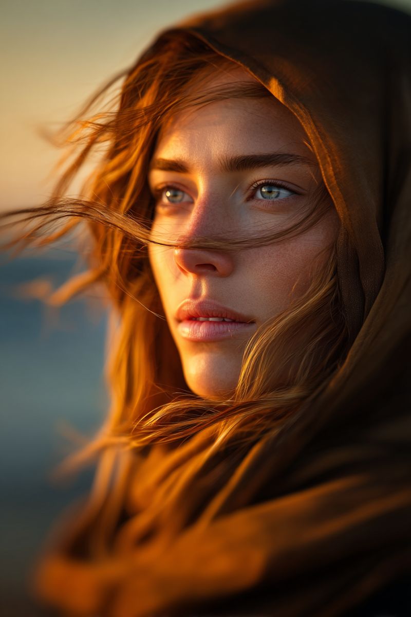 Woman scarf head hairstyle texture length A close-up portrait of a woman with long, wavy, reddish-brown hair. She has striking green eyes and a slightly open mouth, revealing her teeth. Her face is illuminated by a warm, golden light, casting a soft glow on her skin. She is wearing a dark, hooded garment that covers her shoulders and part of her face, adding a sense of mystery to the image. The background is blurred, focusing attention on the woman's face and hair.