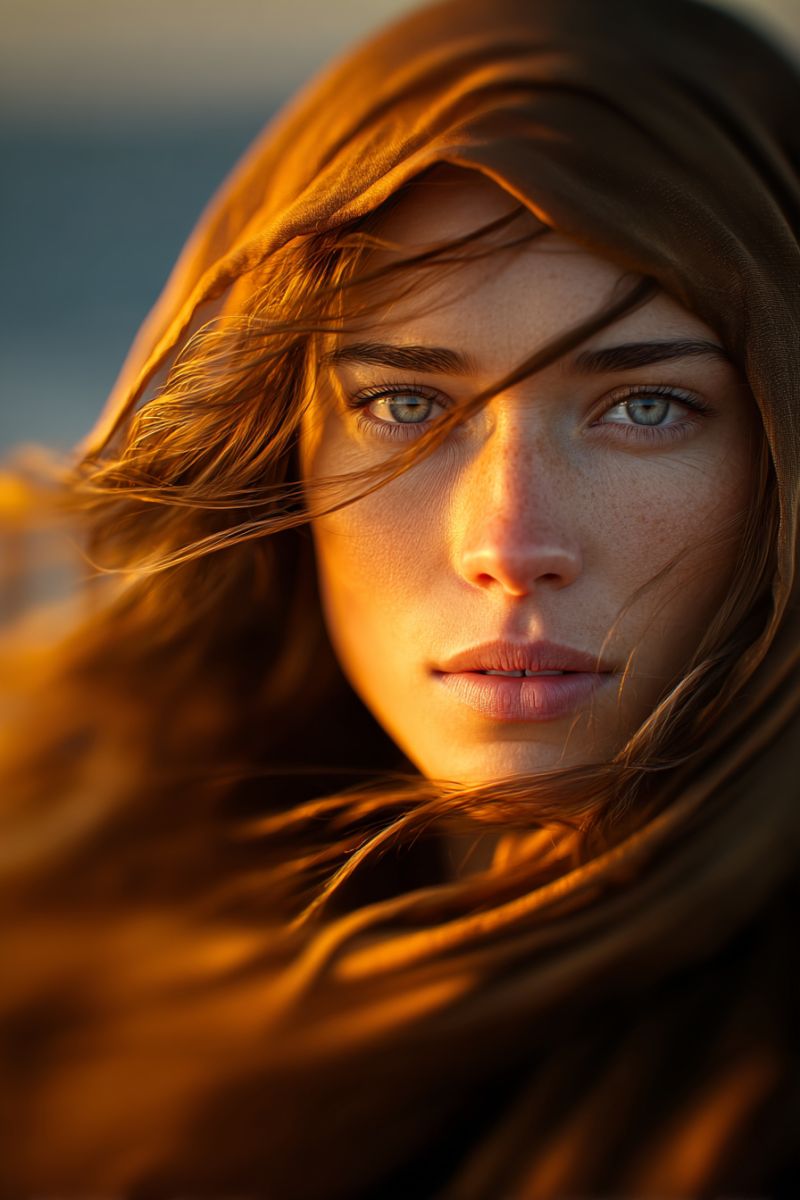 Woman eyes sunlight scarf hood frizzy wind outdoors nature beauty expression mood emotion lighting A close-up portrait of a woman with long, wavy brown hair partially covering her face. She wears a brown hooded garment that drapes over her shoulders and back. Her face is illuminated by a warm, golden light, highlighting her features. She has striking blue eyes with noticeable freckles scattered across her nose and cheeks. Her lips are slightly parted, and her expression is serene and contemplative. The background is softly blurred, suggesting an outdoor setting with a natural, possibly coastal environment.
