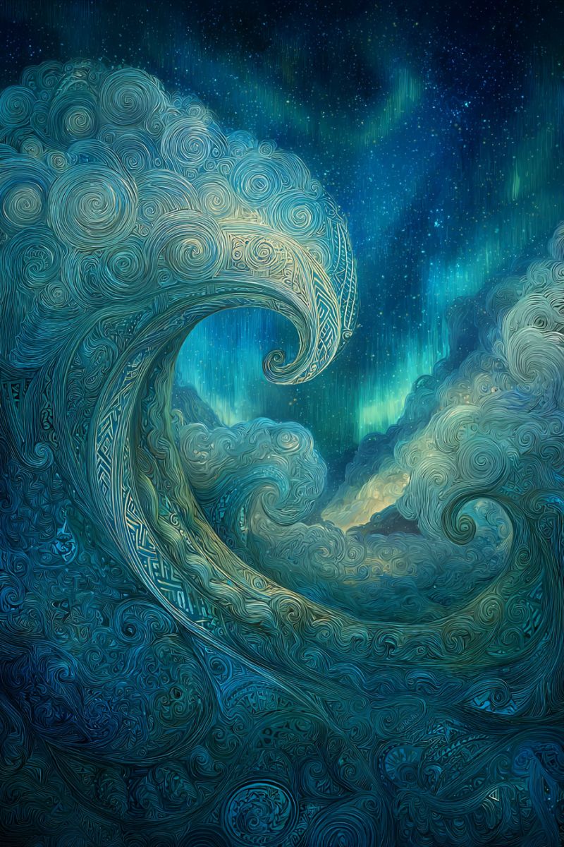 Blue clouds colorful concept design fantasy imagination modern pattern sky space spiral texture swirling, abstract scene dominated by deep blues and greens. In the foreground, there is a large, intricate wave-like pattern that appears to be made of clouds or mist, swirling and twisting in a mesmerizing manner. The wave is adorned with intricate, almost tribal-like designs that add a sense of depth and texture. The background is a dark, starry sky with hints of green and yellow, suggesting the presence of the aurora borealis. The sky is filled with countless stars, some of which are highlighted with a soft, glowing effect. The overall composition gives a sense of movement and fluidity, as if the wave is alive and constantly changing.