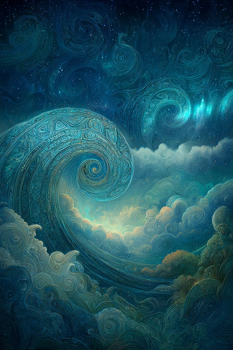 Blue clouds colorful concept design fantasy imagination modern pattern sky space spiral texture surreal and intricate scene of a night sky filled with swirling patterns and celestial elements. The sky is predominantly dark blue, with swirling, spiral-like patterns that resemble both clouds and cosmic phenomena. These patterns are detailed and ornate, featuring a mix of geometric shapes and organic forms. In the center, there is a large, wave-like structure that appears to be made of a series of concentric circles, each adorned with intricate designs. The wave is set against a back of stars and nebulae, adding to the cosmic feel of the scene. The overall composition is rich in texture and detail, with a sense of movement and depth.