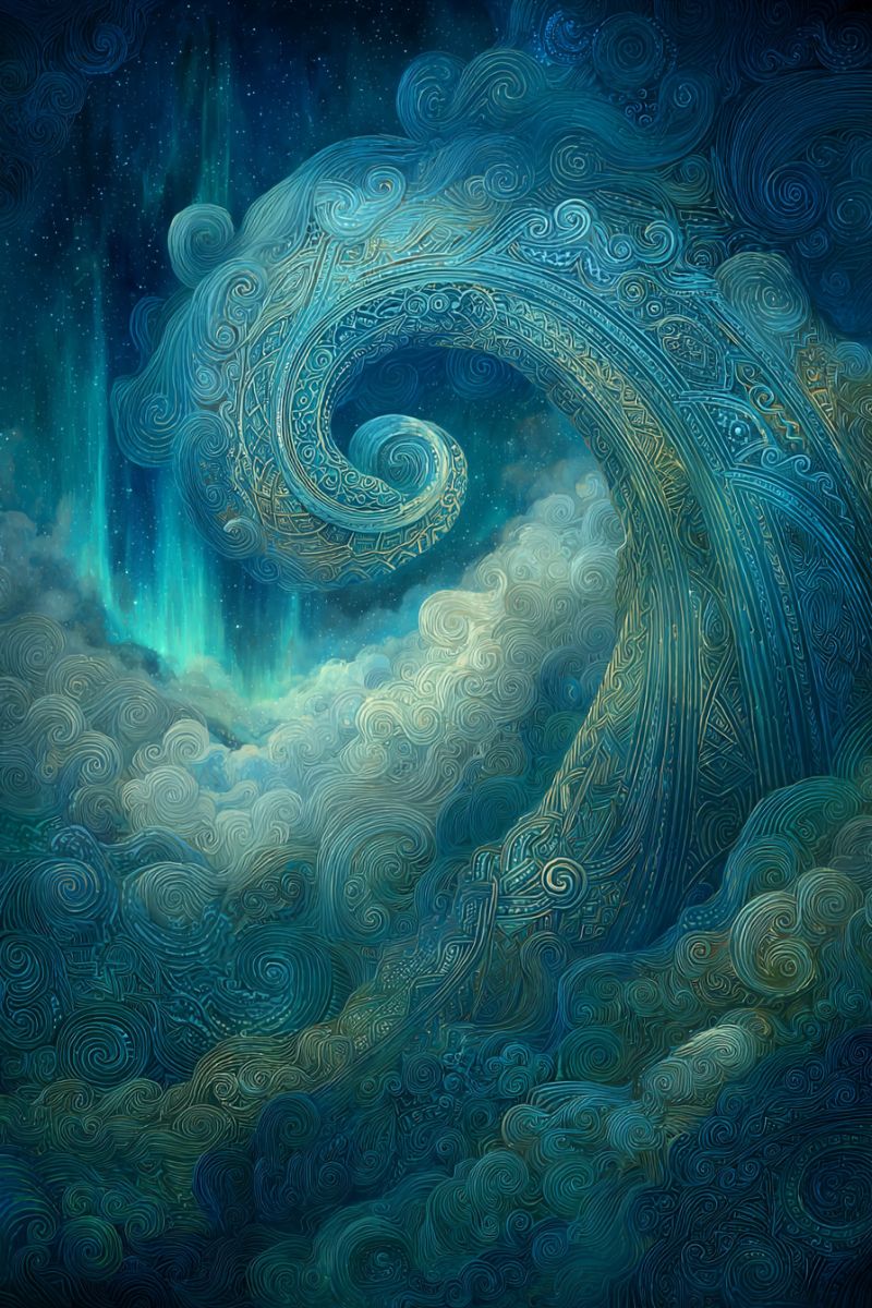Nuages ciel fantaisie vagues design texture nature aurore spirale geometrique boreale Tourbillonnant, une formation de nuages complexe dans des nuances de bleu et de vert-bleu, avec des accents dorés. Les nuages sont représentés dans un mouvement fluide, presque organique, tourbillonnant et se tordant d'une manière qui suggère le mouvement et la profondeur. Le fond est d'un bleu profond, avec des touches de vert et d'or, créant un sentiment de profondeur et de dimension. Les nuages sont illuminés par une lumière douce et éthérée, possiblement de la lune ou des étoiles, projetant une douce lueur sur la scène. L'effet global est celui de la tranquillité et de l'émerveillement, comme si le spectateur contemplait un paysage magique et d'un autre monde.