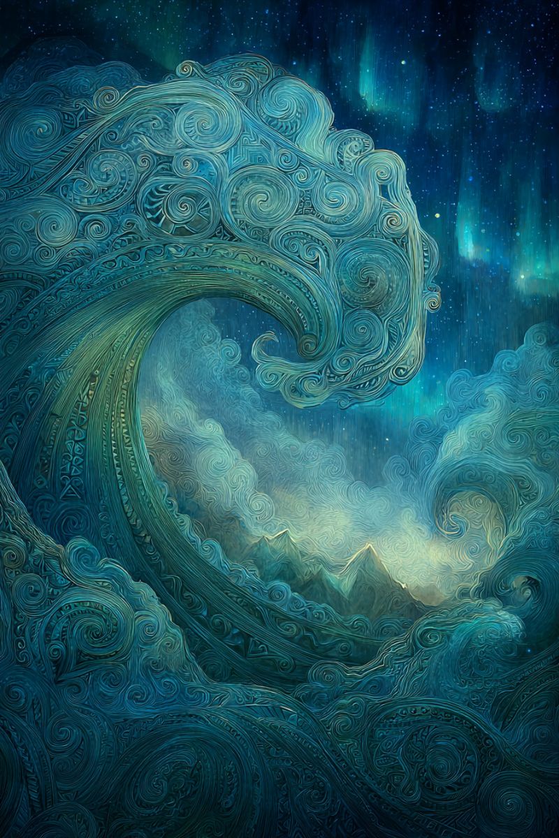 Vague nuages ciel nuit aurore montagnes etoiles eau obscurite fantaisie nature ocean vagues nuage montagne Scène dramatique et complexe d'une vague s'écrasant contre un paysage montagneux sous un ciel nocturne. La vague est représentée avec des motifs tourbillonnants et complexes qui lui donnent une apparence texturée, presque organique. La vague est principalement bleue, avec des nuances de bleu-vert et de vert, créant un sentiment de profondeur et de mouvement. Le ciel au-dessus est rempli d'étoiles et d'une touche d'aurore boréale, ajoutant une qualité mystique et éthérée à la scène. Les montagnes en arrière-plan sont en silhouette contre la lumière, suggérant un horizon lointain. La composition globale est dynamique, avec la vague dominant le premier plan et le ciel et les montagnes donnant un sentiment d'échelle et de profondeur.