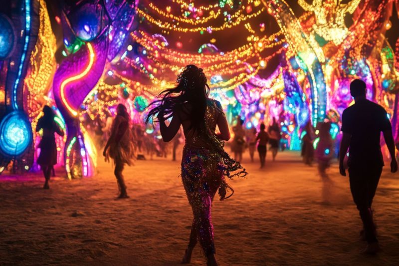 Carnival night festival atmosphere colorful lively event filled people cirque soleil performance setting festive ambiance crowd partygoe vibrant night scene with a lively atmosphere. In the foreground, there are several people wearing colorful and decorative costumes, suggesting that they might be attending a festival or celebration. These individuals seem to be in motion, possibly dancing, with one individual being in sharp focus while others appear blurred due to movement. The lighting is predominantly bright and varied, creating a festive ambiance. The background features an elaborate structure adorned with strings of lights, adding to the celebratory mood. There are also other people who appear to be spectators or participants in the event, visible as small figures against the illuminated backdrop.