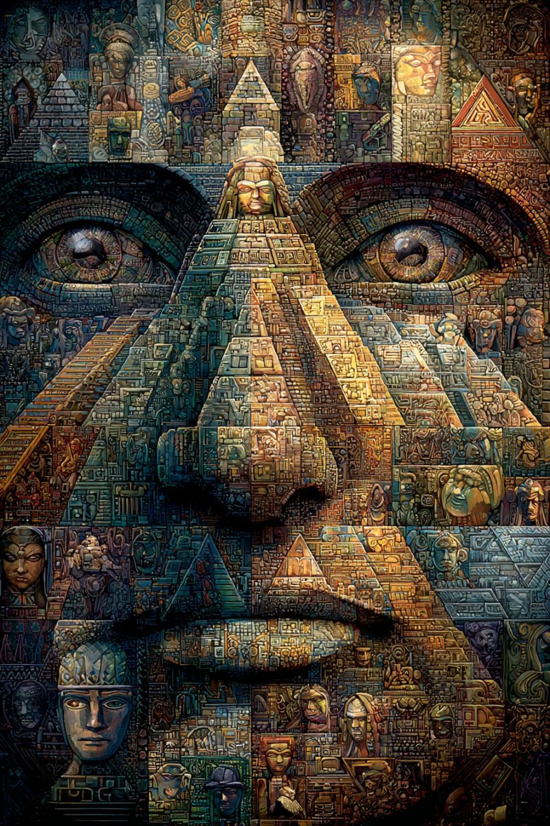Mosaique pyramide antique architecture culture histoire symbolisme design texture expression imagination creativite inspiration Mosaïque hautement détaillée et complexe d'un visage humain, chaque trait du visage étant composé de plus petites tuiles de mosaïque distinctes. Les yeux sont grands et proéminents, chacun contenant une plus petite mosaïque d'un visage à l'intérieur. Le nez est formé par une série de tuiles étagées, ressemblant à une pyramide. Les lèvres sont constituées de plus petites tuiles qui créent un motif de mosaïque. Le fond du visage est rempli de diverses tuiles de mosaïque représentant différentes scènes, y compris des personnes, des bâtiments et des symboles. La composition globale est vibrante et colorée, avec un mélange de tons chauds et froids.