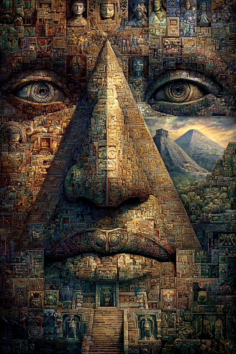 Pyramide antique mosaique egypte civilisation architecture histoire culture peuple Mosaïque détaillée et complexe d'un visage humain, avec le nez formant une forme pyramidale. Le visage est composé de nombreuses petites tuiles, chacune représentant diverses scènes et figures de différents contextes historiques et culturels. Les yeux sont grands et expressifs, avec des motifs complexes les entourant. L'arrière-plan du visage présente un paysage avec des pyramides et un coucher de soleil, ajoutant de la profondeur et du contexte à la mosaïque. La composition globale est très détaillée, avec un accent mis sur la symétrie et l'équilibre.