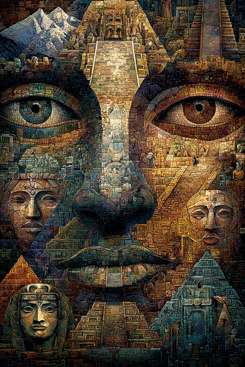 Ancient architecture building city culture design drawing egyptian geometric geometrical mosaic shapes tiles Oeuvre d'art en mosaïque représentant un visage humain composé de divers éléments. Le visage est situé au centre, avec des yeux, un nez et une bouche conçus de manière complexe à l'aide de carreaux de différentes couleurs. Autour du visage se trouvent des pyramides, des structures anciennes et des paysages montagneux, tous rendus dans un style mosaïque. Le fond comprend un mélange d'éléments architecturaux, tels que des marches et des statues, et des paysages naturels comme des montagnes et des pyramides. La composition globale est vibrante et détaillée, avec un mélange d'éléments anciens et modernes
