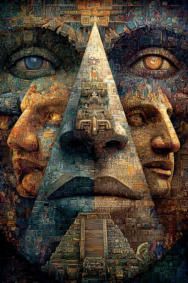 Mosaic pyramid eye pattern ancient symbol geometric design architecture culture history civilization egypt greece rome mesopotamia persia india triangular composition with two human faces on the sides and a central pyramid. The faces are made up of various geometric shapes and patterns, including squares, circles, and triangles, in a mosaic style. The pyramid is also composed of these shapes, with a door-like structure in the middle. The faces have different expressions, with one looking serious and the other appearing to be smiling. The background is a mix of different colors and patterns, with some resembling ancient Egyptian hieroglyphics.