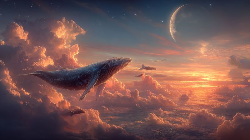 Whale sky clouds sunset moon ocean fantasy nature animals sea water dream imagination space celestial horizon In the sky, a large humpback whale is gracefully leaping out of the clouds, its body curving upwards. Below it, smaller whales are also seen in mid-air, swimming through the clouds. The sky is a mix of deep blues and warm oranges, indicating a sunset. The horizon is dotted with clouds, some illuminated by the setting sun, while others are in shadow. In the distance, a large, dark planet is visible, adding to the surreal atmosphere. The scene is both fantastical and serene, with the whales appearing to be in a moment of flight or leap, surrounded by a sky that transitions from the warmth of sunset to the cool tones of night.