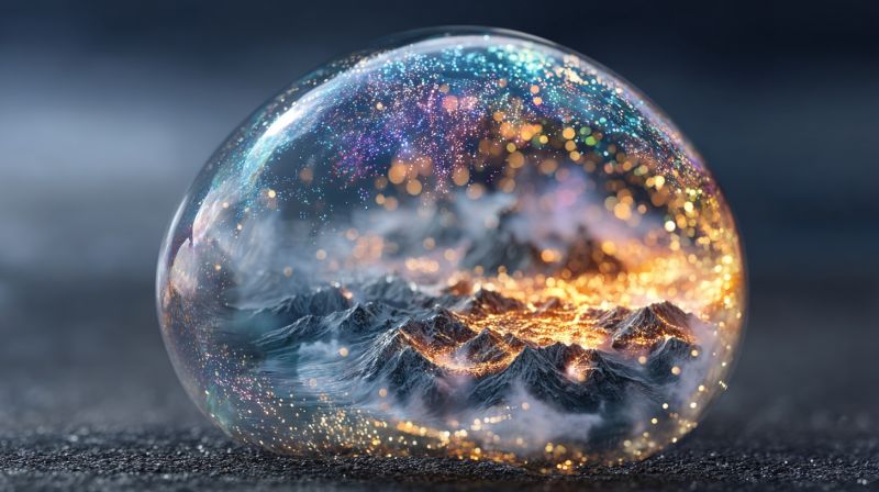Bulle montagne nuit ciel sombre lueur reflet etincelle etincelant eau À l'intérieur d'une sphère de verre transparente, il y a un monde miniature. La sphère est remplie d'un mélange de brume bleue et blanche, créant une atmosphère brumeuse. À l'intérieur de cet environnement brumeux, il y a des montagnes avec une lueur dorée, suggérant qu'elles sont illuminées par une lumière chaude. Les montagnes sont entourées d'un ciel bleu foncé, parsemé d'étoiles et de quelques traînées de lumière, représentant peut-être un ciel nocturne. La scène globale est magique et sereine, avec la lumière dorée des montagnes contrastant magnifiquement avec le ciel bleu foncé et l'environnement brumeux.