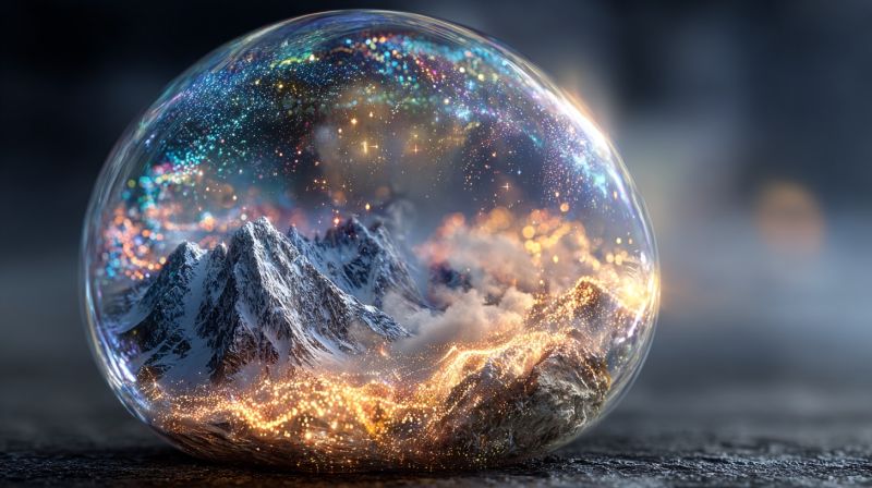 Bubble mountain night sky cloud reflection snow rock dark glow water star fire glowing fantasy Inside a transparent glass sphere, there is a captivating scene of a snowy mountain range with peaks covered in snow. The mountains are surrounded by a glowing, ethereal light, and the sky above is filled with sparkling stars and a hint of aurora borealis. The ground beneath the mountains is illuminated by a warm, golden light, creating a magical and serene atmosphere. The sphere itself is placed on a dark, textured surface, possibly a table or a shelf, and the background is a deep, dark blue, enhancing the contrast and beauty of the scene within.