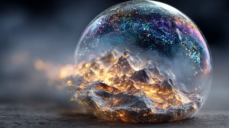 Bulle montagne nuit ciel espace etoile pierre texture brillant nuage sombre design fantaisie À l'intérieur d'une sphère de verre transparente, se trouve un paysage montagneux miniature. Les montagnes sont rocheuses et dentelées, avec certaines zones apparaissant illuminées par une lumière chaude et dorée. Le fond de la sphère est d'un bleu profond et sombre, avec une dispersion d'étoiles et une touche de nébuleuse. La sphère elle-même est légèrement déformée, donnant l'impression d'une bulle ou d'une lentille. L'effet global est celui d'une scène magique et surnaturelle, comme si le spectateur plongeait dans un petit monde enchanté.