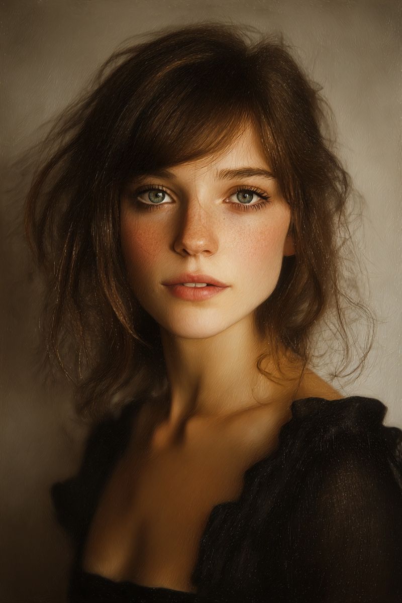 Femme yeux peau beaute maquillage expression emotion naturel eclairage Un portrait d'une femme aux cheveux bruns courts et ondulés encadrant son visage. Elle a la bouche légèrement ouverte et un doux sourire. Ses yeux sont verts avec une touche de brun, et elle a une légère trace de taches de rousseur sur le nez et les joues. Elle porte un haut noir à épaules dénudées qui laisse apparaître ses épaules et une partie de sa poitrine supérieure. Le fond est d'une couleur beige claire et douce, et l'éclairage est doux, créant une douce lueur sur sa peau.