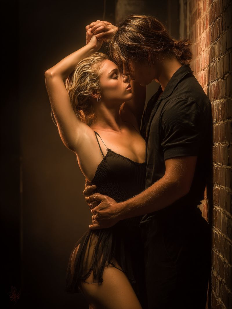 Couple dance embrace emotion expression fashion fashionable female gentleman groom hugging intimate kiss lady love romantic In a dimly lit setting, a man and a woman are closely embracing each other. The woman, with her hair down, is wearing a black, form-fitting dress that accentuates her figure. She has one arm raised behind her head, while her other arm is wrapped around the man's neck. The man, with his hair slightly tousled, is dressed in a black shirt and pants. He has his hands on the woman's waist, and they are both looking into each other's eyes, sharing an intimate moment. The background features a brick wall, adding a rustic touch to the scene.