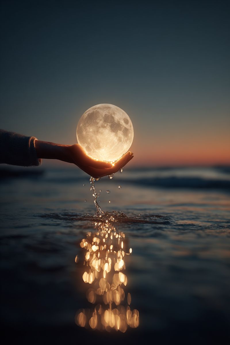 Moon water hand night reflection ocean sky sea glow brightness waves blurry dark sunset beach nature A person's hand is holding a full moon, which is glowing brightly, over the water. The water is calm, and the moon's reflection is visible on the water's surface. The water is reflecting the light from the moon, creating a beautiful scene. The sky is dark, and the moon is the only source of light in the scene. The water is reflecting the light from the moon, creating a beautiful scene.