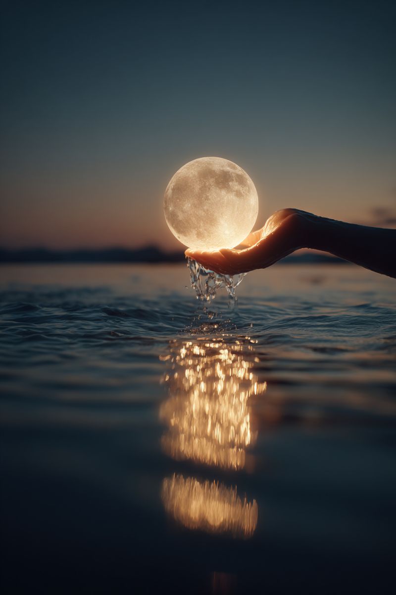 Lune eau main reflet nuit ciel ocean mer deversement eclaboussure vagues coucher soleil soir obscurite nature Une main tient une pleine lune lumineuse au-dessus d'une eau calme, avec la lumière de la lune se reflétant sur la surface de l'eau, créant un effet scintillant. Le ciel est sombre, suggérant qu'il est nuit, et l'eau est immobile, amplifiant le reflet de la lune.