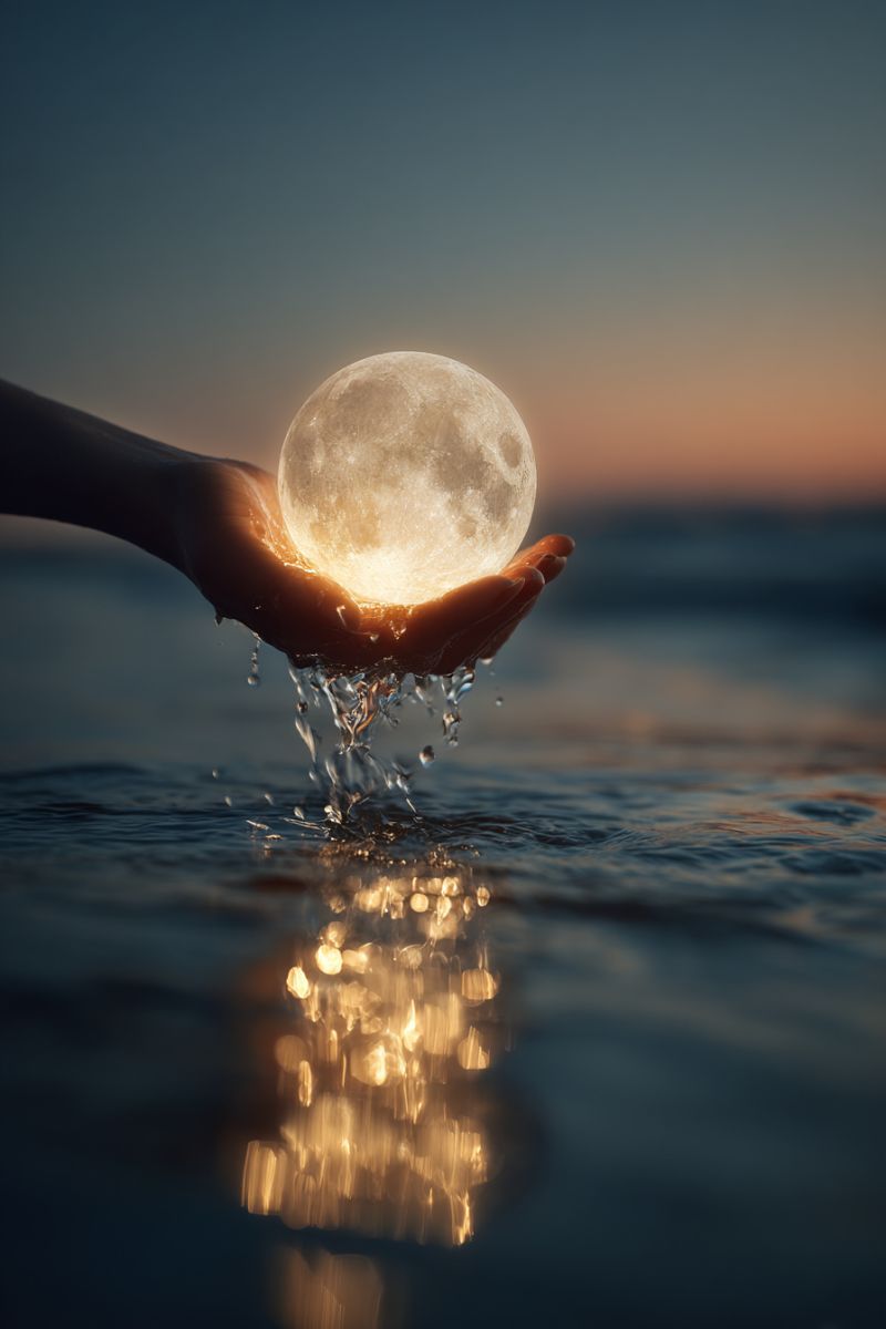Moon water hand reflection night ocean sky glow brightness waves splash illumination nighttime sea sparkle glimmer glint A hand holds a glowing full moon over a body of water, likely a sea or ocean. The moon's light reflects on the water, creating a shimmering effect. The sky is a mix of blue and orange hues, suggesting either dawn or dusk. The water is calm, and the moon's light creates a serene and magical atmosphere.