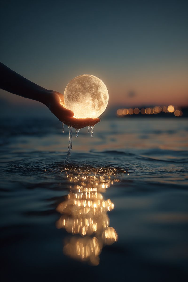 Moon water hand night reflection sea ocean sky waves beach evening glow nature droplets A hand holds a glowing full moon over a calm body of water, possibly a lake or sea. The moon's light reflects on the water, creating a shimmering effect. The sky is a deep blue, transitioning to a lighter hue near the horizon, indicating either dawn or dusk. In the distance, faint lights suggest a city or town, adding a sense of scale and context to the scene.