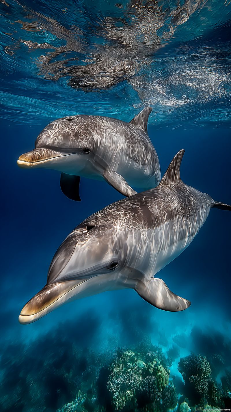 Dauphin ocean sous marin nage faune aquatique mer nature poisson bleu animal eau mammifere recif corail vie Deux dauphins nagent dans l'océan. Le dauphin devant a la bouche légèrement ouverte et une petite nageoire sur le dos. Le dauphin derrière a la bouche fermée et une nageoire plus grande. L'eau est claire et bleue, et il y a des récifs coralliens en arrière-plan. Les dauphins nagent d'une manière qui suggère qu'ils regardent quelque chose devant eux.