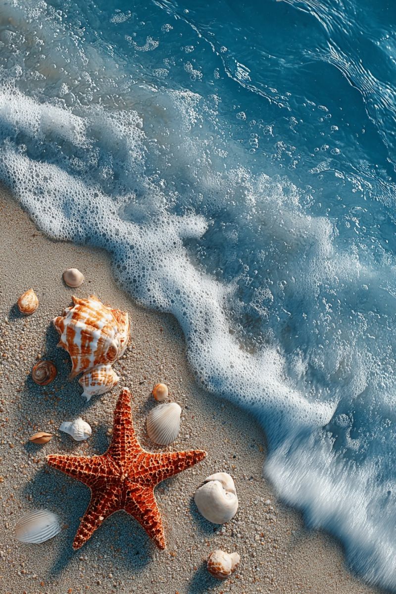 Beach sea ocean water waves shells starfish sand seashells seascape marine coast seaside seashell serene beach scene with a clear blue ocean and gentle waves lapping onto the shore. The sand is dotted with various seashells, including a large starfish with vibrant orange and white colors, and several smaller shells of different shapes and sizes. The water is calm, with small bubbles and foam from the waves. The sky is bright, indicating a sunny day.