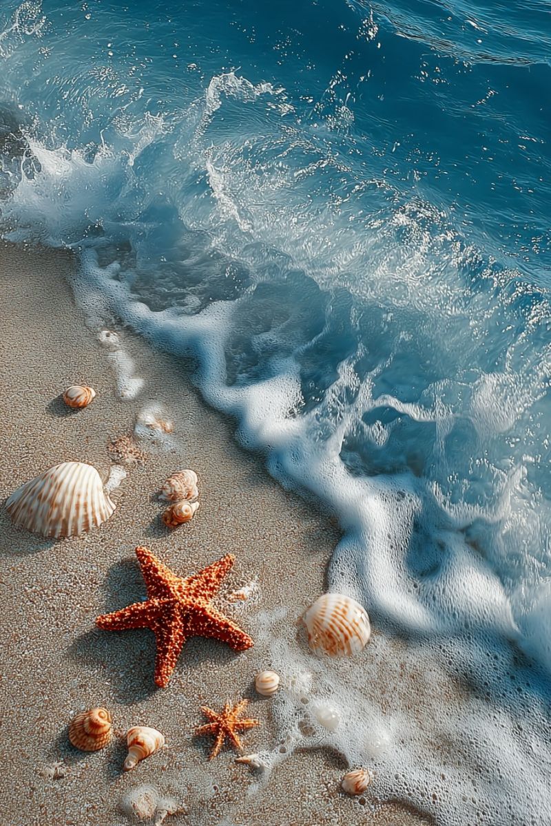 Beach sea water ocean waves shells starfish sand seashells seascape marine coast seaside life animals creatures seashell collection decor serene beach scene with a clear blue ocean and gentle waves lapping onto the sandy shore. The sand is dotted with various seashells, including a large starfish with orange and white spots, and several smaller shells of different shapes and sizes. The water is calm, with small bubbles and foam near the shore, and the sky is bright, suggesting a sunny day. The overall atmosphere is peaceful and inviting, perfect for a relaxing day by the sea.