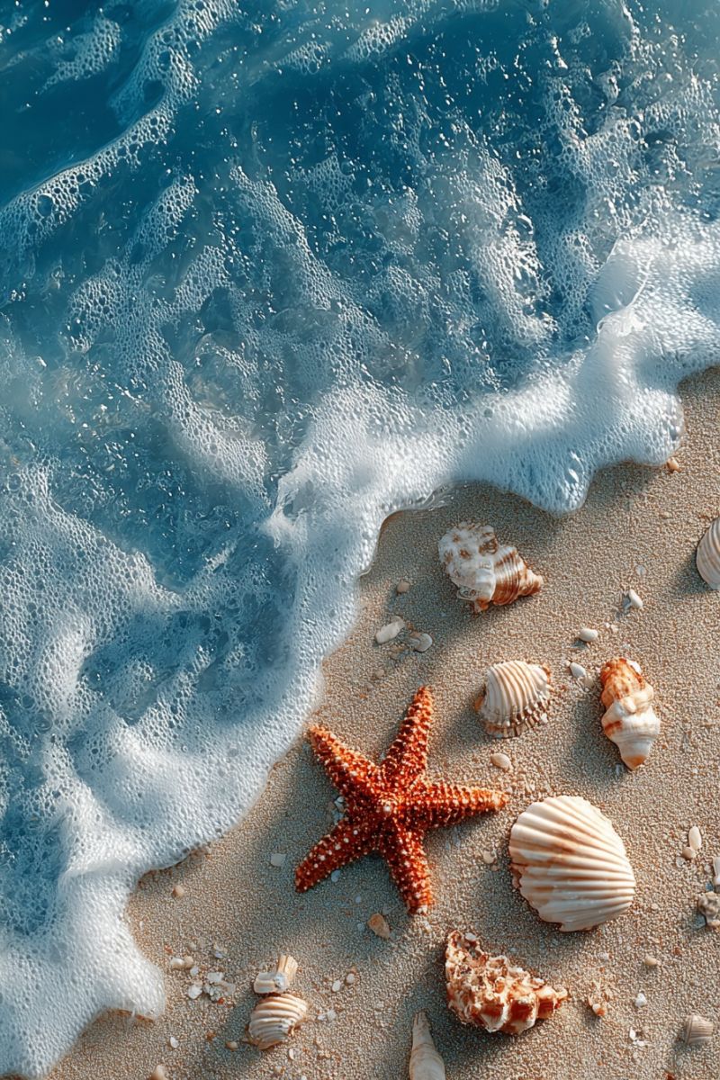 Beach sea ocean water waves starfish shells sand seashells seascape marine coast seaside seafood life animals creatures painting serene beach scene with a gentle wave approaching the shore. The water is a clear blue, with small bubbles and foam from the wave. The sand is golden and dotted with various seashells and a starfish. The starfish is orange with long, pointed arms. The shells are of different sizes and shapes, some with intricate patterns. The background is a soft blue, suggesting a sunny day.